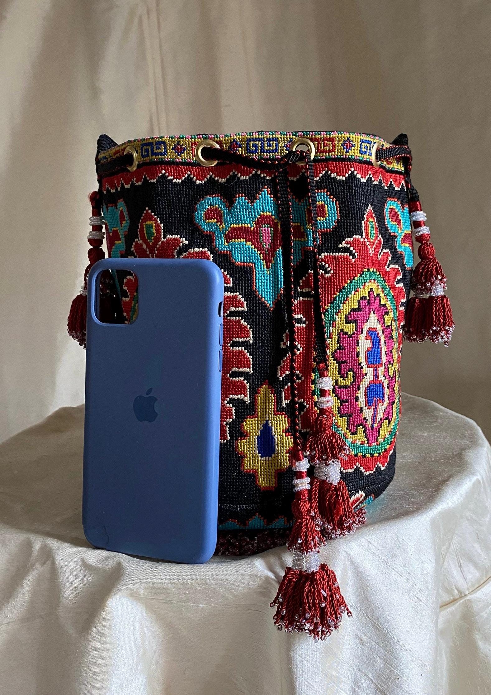 Black/red Large Drawstring Bucket Bag Embroidered Handbag