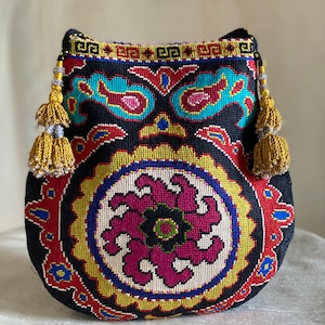 Vase shape Embroidered Crossbody  Handbag Tribal Silk Petit Point Needlepoint Ethnic Uzbekistan Ikat Suzani Folk Art