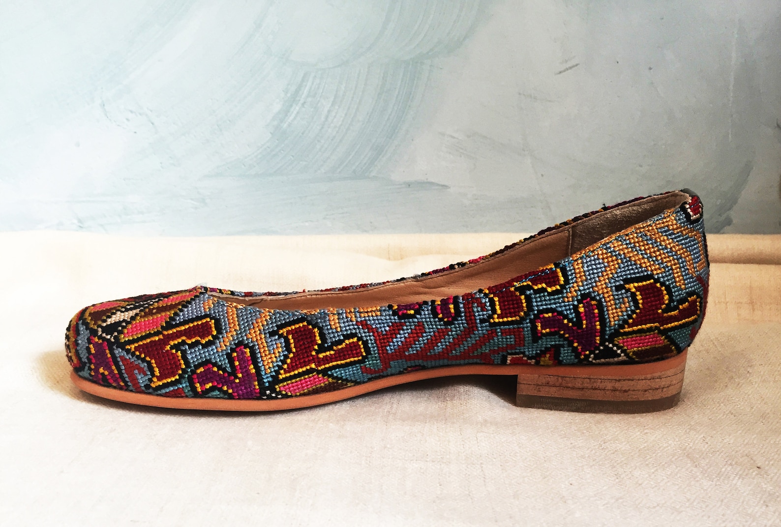 embroidered ballet flats- size 37 (us 6.5) silk petit point uzbekistan boho festival rounded toe slip on needlepoint paisley flo