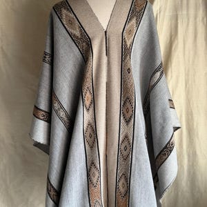 Grey with Natural Poncho Peruvian Handwoven Natural undyed Wool and Alpaca Stripes with intricate weaving details Traditional Peru Folk Art