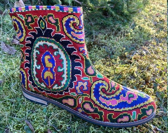 Chelsea Booties-Size 40 (US l0) Red/ Rainbow Silk Petit Point  Round Toe Uzbekistan Folk Art Boho Festival Ethnic Paisley