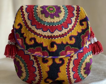 Black/Gold/Rainbow Small Embroidered Crossbody Handbag Silk Petit Point Uzbekistan Folk Art Ethnic Handbag