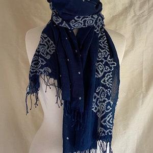 Bandhani Cotton Scarf Tie and Dye Indigo Blue Vegetable Dyed Crinkle Textured Folk Art India Sheer Light Weight Cotton