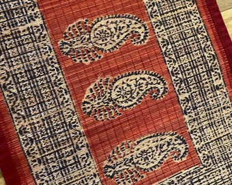 Hand Block Print Bamboo Table Runner, Vegetable Dyed India Folk Art  12” x 76"