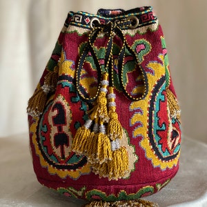 Burgundy/Gold Drawstring Bucket Bag Embroidered Large Handbag Silk Petit Point Ethnic Bohemian Suzani Paisley Uzbekistan Folk Art