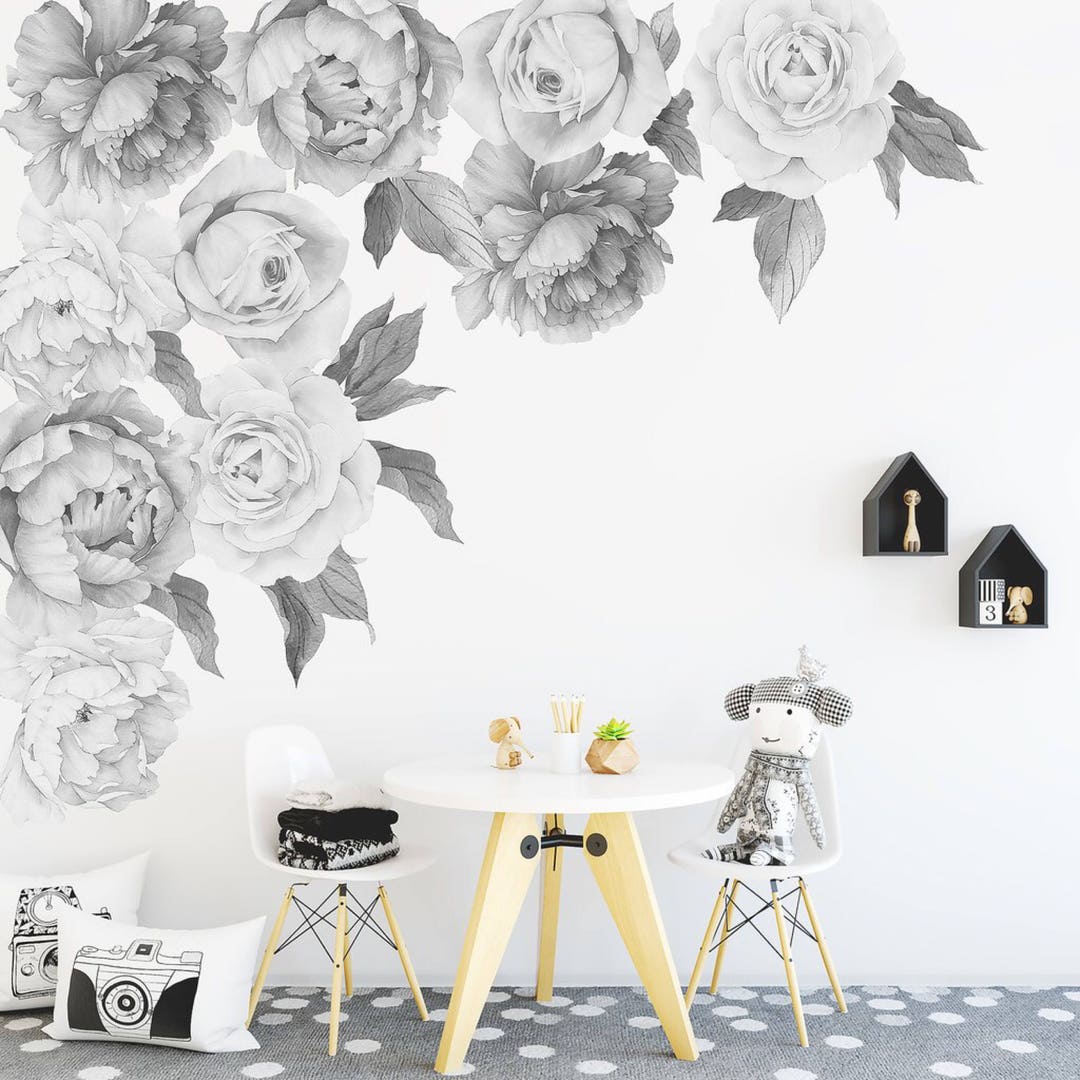 Black and White - Peony & Rose Individual Wall Decals - Etsy