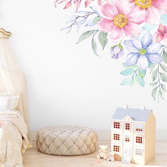 spring flowers corner wall decal | etsy
