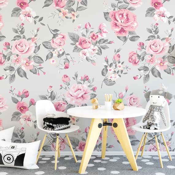Vintage Grau Und Rosa Rose Floral Tapete Etsy