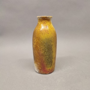 May include: A handcrafted ceramic vase with a speckled, textured surface. The vase features a gradient of colors, including yellow, red, and green. The base has a white area. The vase has a narrow neck and a rounded body. The vase is suitable for displaying flowers.