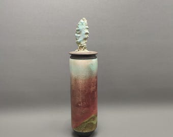 Anke Derwort - Dutch - Raku fired vase with lid -  pottery  Holland - Mid Century - vintage - retro