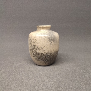 Pode incluir: Um vaso pequeno, redondo, de cerâmica com um esmalte salpicado de preto e branco.