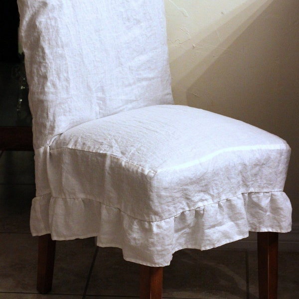 Ruffled Linen Parson Chair Cover in Linen Dining Room Slipcover in Small Natural Flax Beige