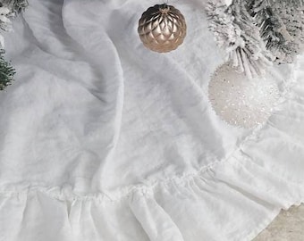 French Linen Christmas Tree Skirt with Ruffle in White in Large