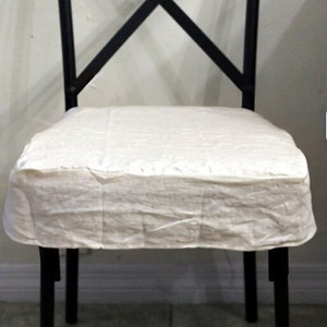 Natural Chair Seat Slipcover Cover in French Linen with 4 Sides Fitted Dining Chair Covers for Dining Room
