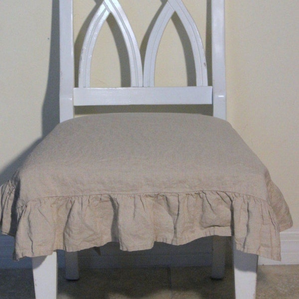 Stone Washed Linen Chair Seat Cover with Ruffle in Natural in Large