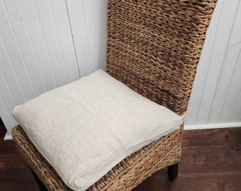 French Linen Wicker Chair Cushion Cover Rattan Long Ties in Natural Flax Color Dining Room Pad Covers