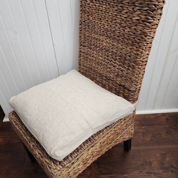 Linen Wicker Chair Cushion Cover Rattan Long Ties in Natural Flax Color Dining Room Pad Protector