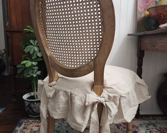 Sale! 50% Linen Chair Seat Covers Slipcovers in Large for Dining Chairs with 4 sided Ruffle in Natural Flax Color