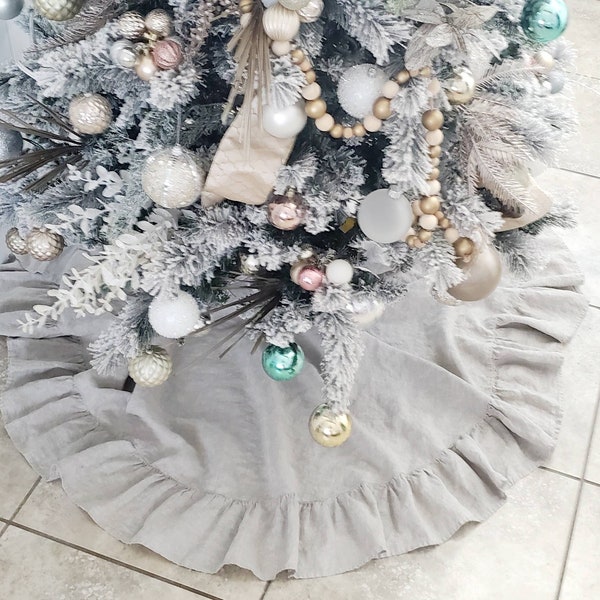Ruffled linen christmas tree skirt