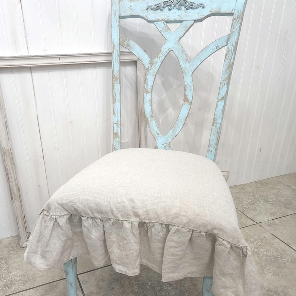 Zippered 3 sided Chair Cushion Pad Covers Ruffle Natural Beige White 100% Linen