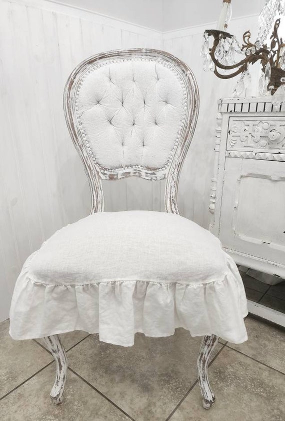 Chair Seat Covers Slipcovers 4 sided Ruffle 100% Linen White Small and large