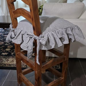 Striped Ticking Fabric Chair Cushion Cover with 4 sided Ruffle – Black Blue Home Decor