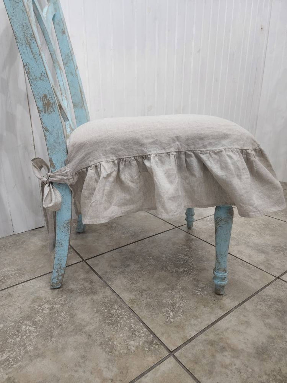 French Linen Chair Seat Covers With 3 Sided Ruffle in Natural Etsy