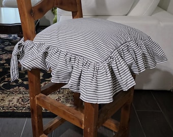 Striped Ticking Fabric Chair Cushion Cover with 3 sided Ruffle – Blue Home Decor
