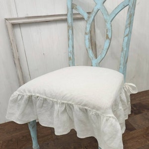 Large White French Linen Chair Seat Slipcover with 3 Sided Ruffle