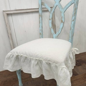 French Linen Chair Seat Covers Slipcover with 3 Sided Ruffle White