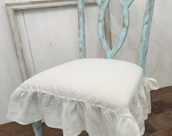 Large White French Linen Chair Seat Slipcover with 3 Sided Ruffle