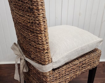 French Linen Wicker Chair Cushion Cover Rattan Long Ties in Natural Flax Color Dining Room Pad Covers