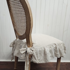 Natural French Linen Chair Seat Slipcover with 4 sided Ruffle Small