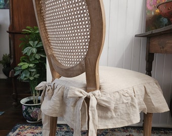 Sale! 25% Linen Chair Seat Covers Slipcovers in Small for Dining Chairs with 4 sided Ruffle in Natural Flax Color