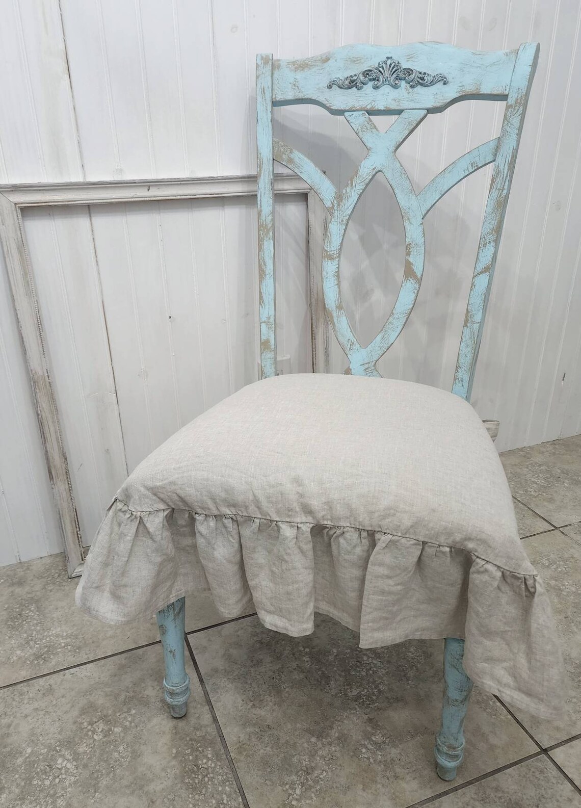 French Linen Chair Seat Covers With 3 Sided Ruffle in Natural Etsy