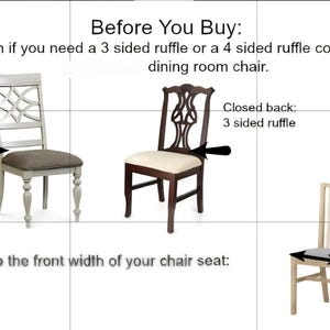 Puede incluir: Un gr&aacute;fico instructivo para fundas de sillas de comedor con tres sillas. El texto dice: Before You Buy: 1) Determin if you need a 3 sided ruffle or a 4 sided ruffle cover for your dining room chair. Open back: 4 sided ruffle. Closed back: 3 sided ruffle. 2) Measure the front width of your chair seat.