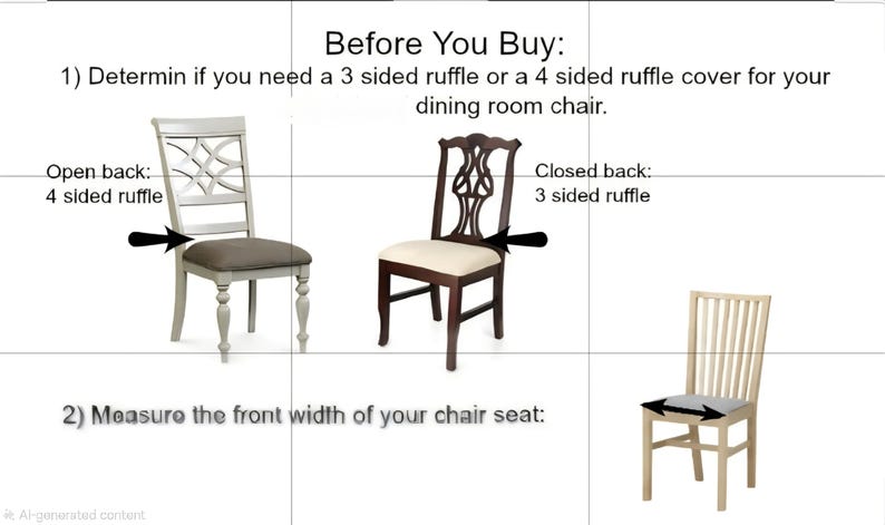 Puede incluir: Un gr&aacute;fico instructivo para fundas de sillas de comedor con tres sillas. El texto dice: Before You Buy: 1) Determin if you need a 3 sided ruffle or a 4 sided ruffle cover for your dining room chair. Open back: 4 sided ruffle. Closed back: 3 sided ruffle. 2) Measure the front width of your chair seat.