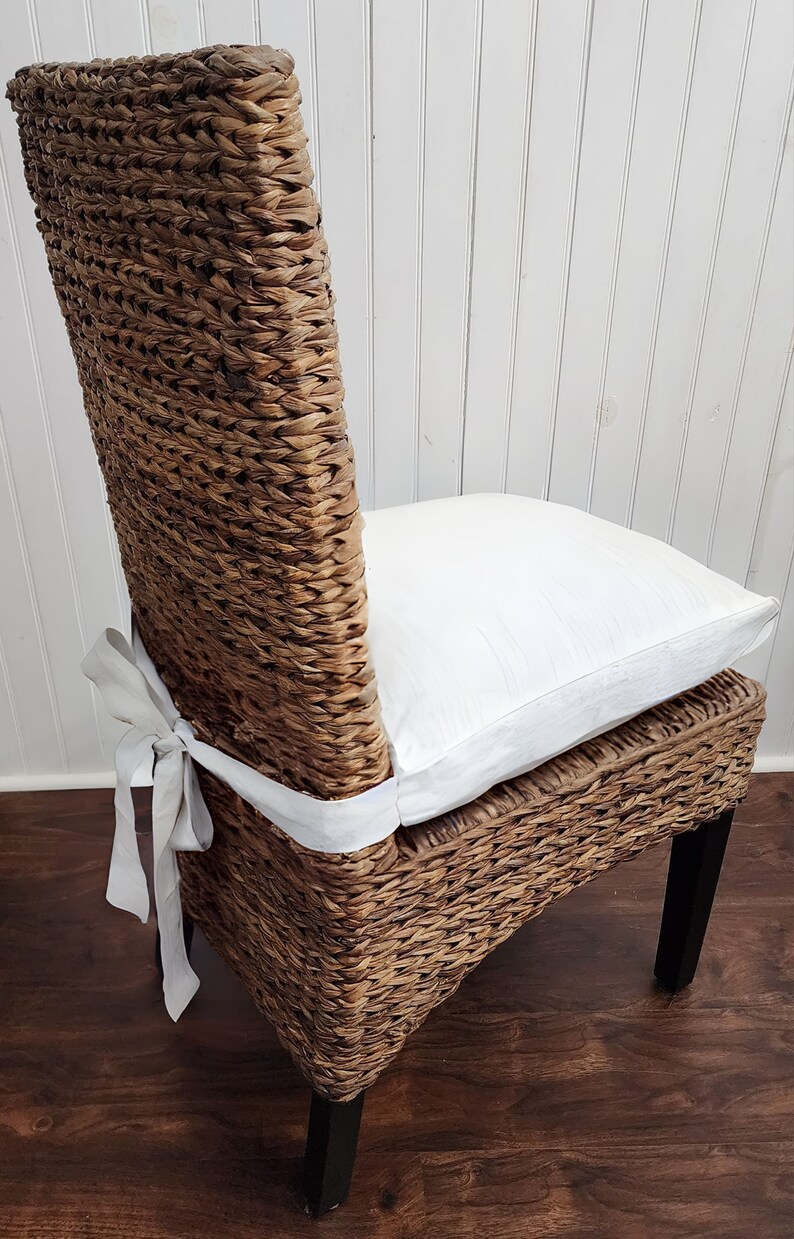 Linen Chair Cushion Pad Covers with Zippers for Wicker Rattan in White Long Ties image 1