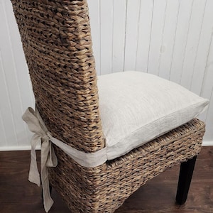 Chair Cushion Cover, Long Ties 100% Linen Natural Beige