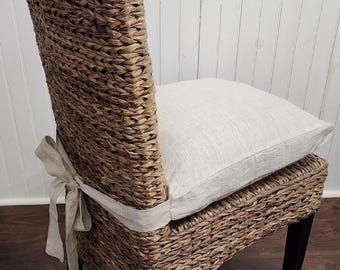 Chair Cushion Cover, Long Ties 100% Linen Natural Beige and White