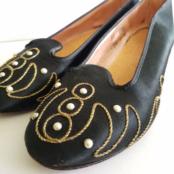 1940's Black Satin Soutache and Stud Slippers sz.