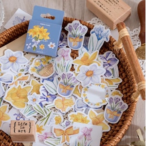 46 mini autocollants avec des fleurs de printemps - Stickers fleurs rétro pour DIY, scrapbooking, déco, cadeau...