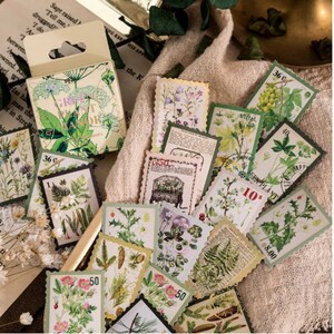 45 petits autocollants timbres de botanique - Stickers fleurs pour DIY, scrap, déco, cadeau...