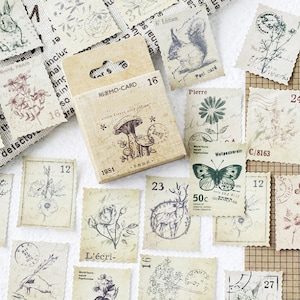 46 stickers timbres vintage - Autocollants rétro motifs timbres faune et flore