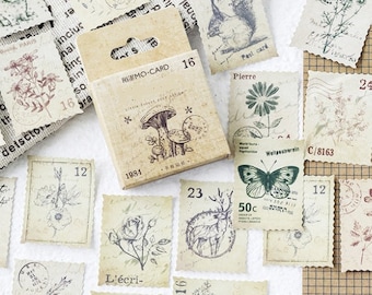 46 vintage stamp stickers - Retro stickers with fauna and flora stamp motifs