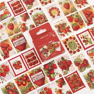 46 minis autocollants avec des fraises, format timbre pour carterie, happy mail, scrap, déco... - Petits stickers fraises