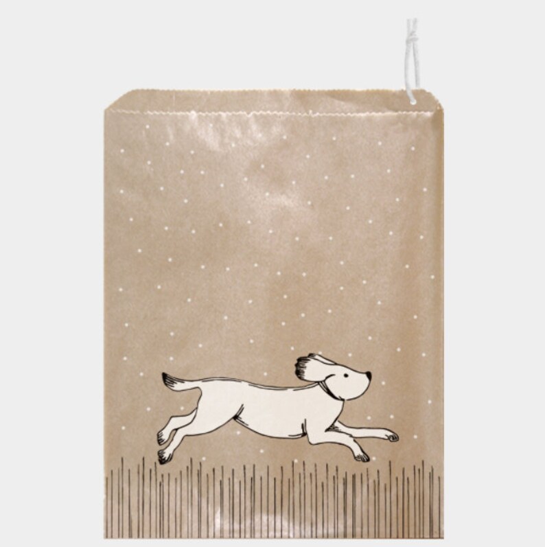 50 jolis sachets en papier kraft Sachet emballage kraft, sac papier avec un petit chien qui court image 1