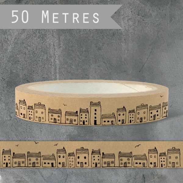 50m de masking tape kraft avec des maison - grande largeur ! Pour emballage artisanal créatif, DIY...