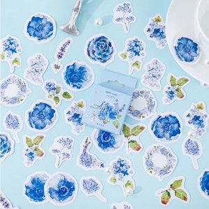 45 mini autocollants avec des fleurs bleues - Jolis stickers fleurs pour scrapbooking, déco, cadeau...