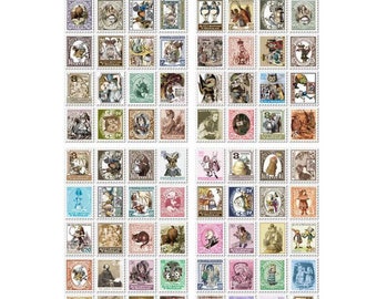 80 "Alice in Wonderland" sticker stamps - False stamps for scrapbooking, invitations, decoration...